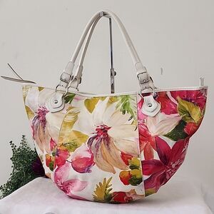 Maurizio Taiuti Floral Print Leather White Trim Shoulder Bag Tote